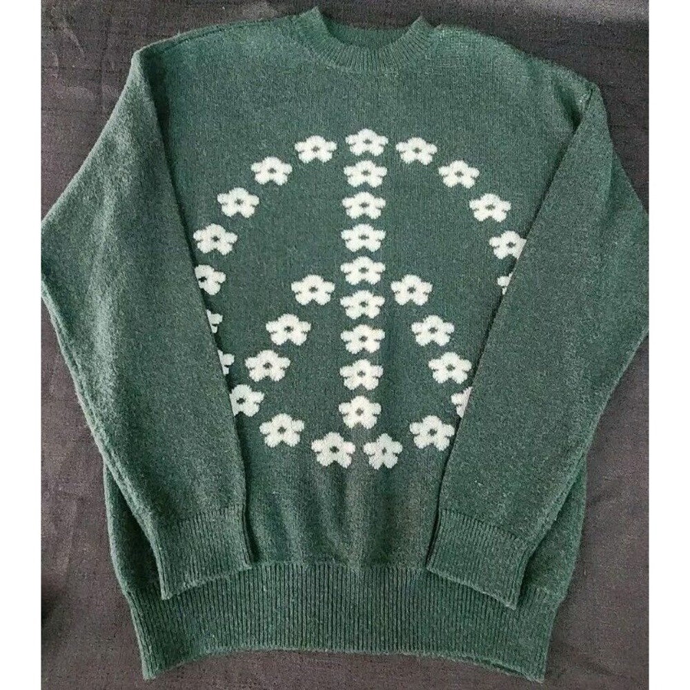 Witty Fox Size Medium Crew Neck Soft Sweater Top Dark Green Peace Pullover NWOT